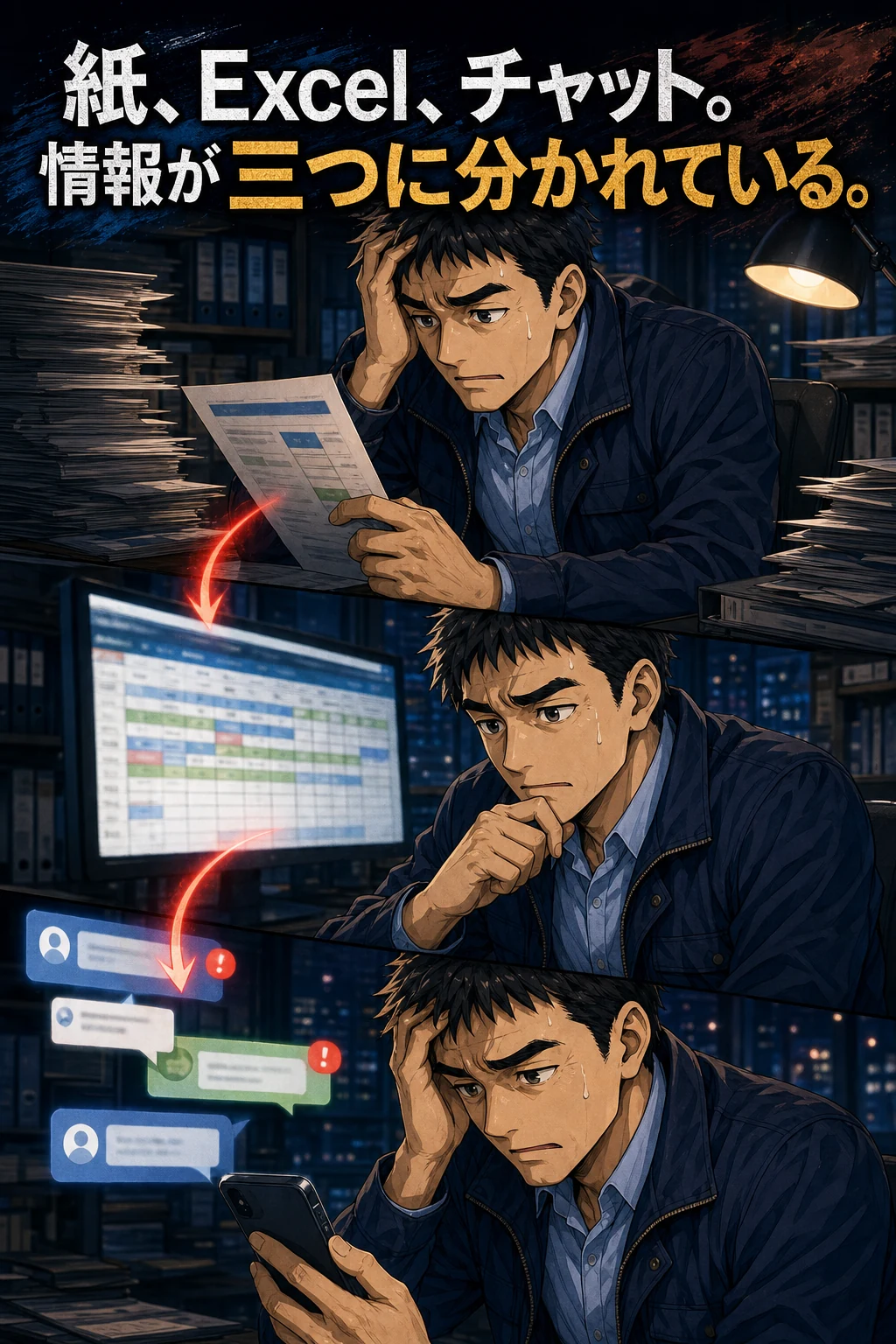 紙と表計算とチャットへ情報が分散し転記する社長
