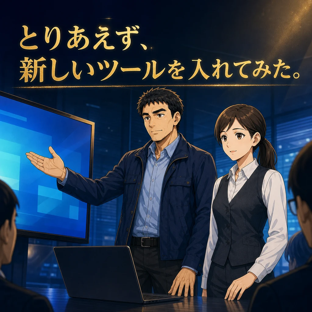 期待を込めて新しい業務ツールを導入する社長と業務担当者