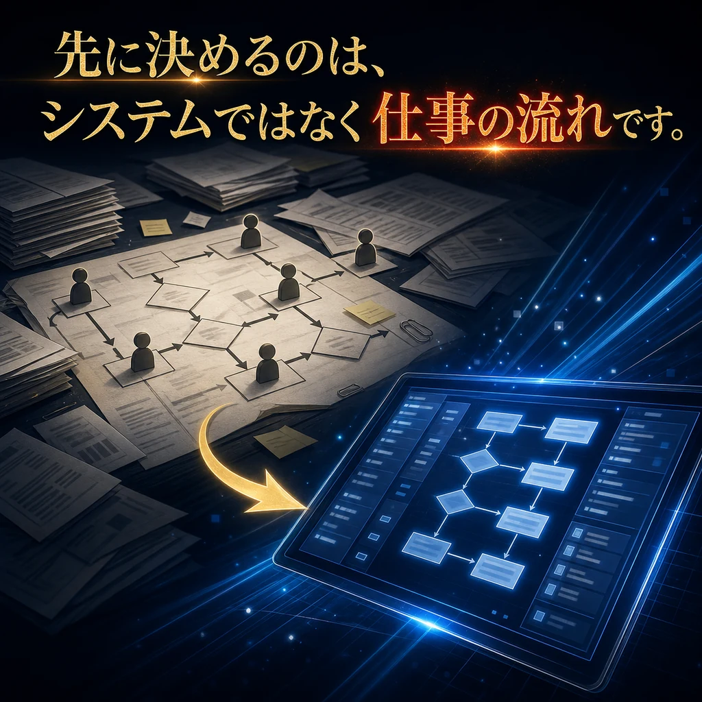 システムより先に仕事の流れを決めることを示す図解