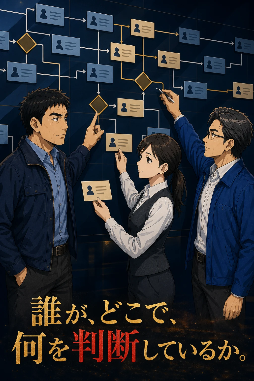 誰がどこで何を判断しているか業務フローを整理する3人