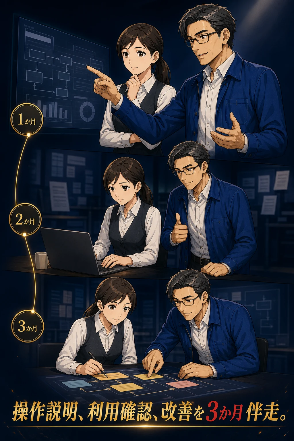 操作説明と利用確認と改善を3か月かけて伴走する様子