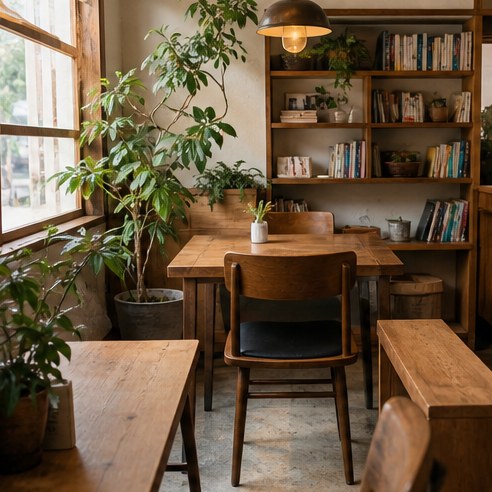 木の家具と植物のある店内