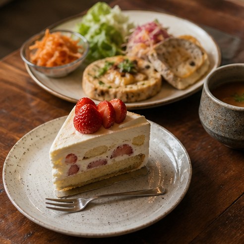 ケーキとランチプレート