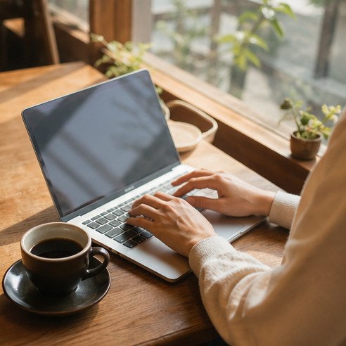 カフェでPC作業をする手元