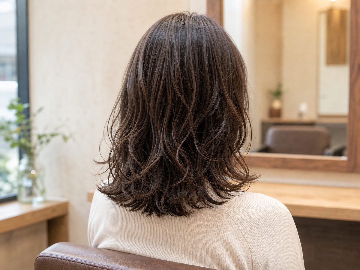 肩にかかる自然なウェーブヘア