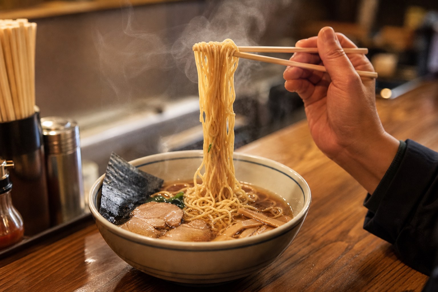 麺を持ち上げる手元