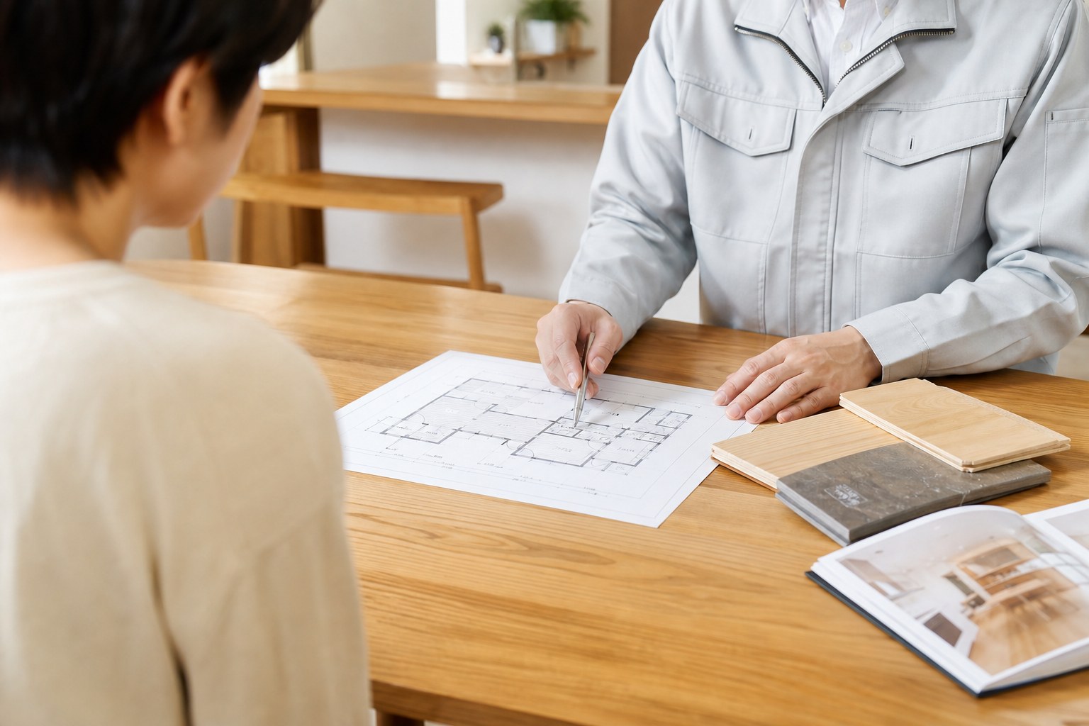 図面と素材サンプルを見ながら相談している様子