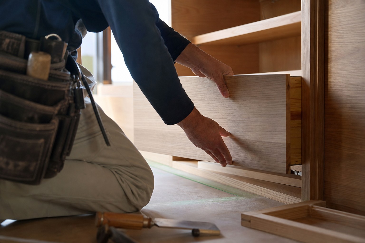 職人が木製収納を丁寧に取り付けている手元