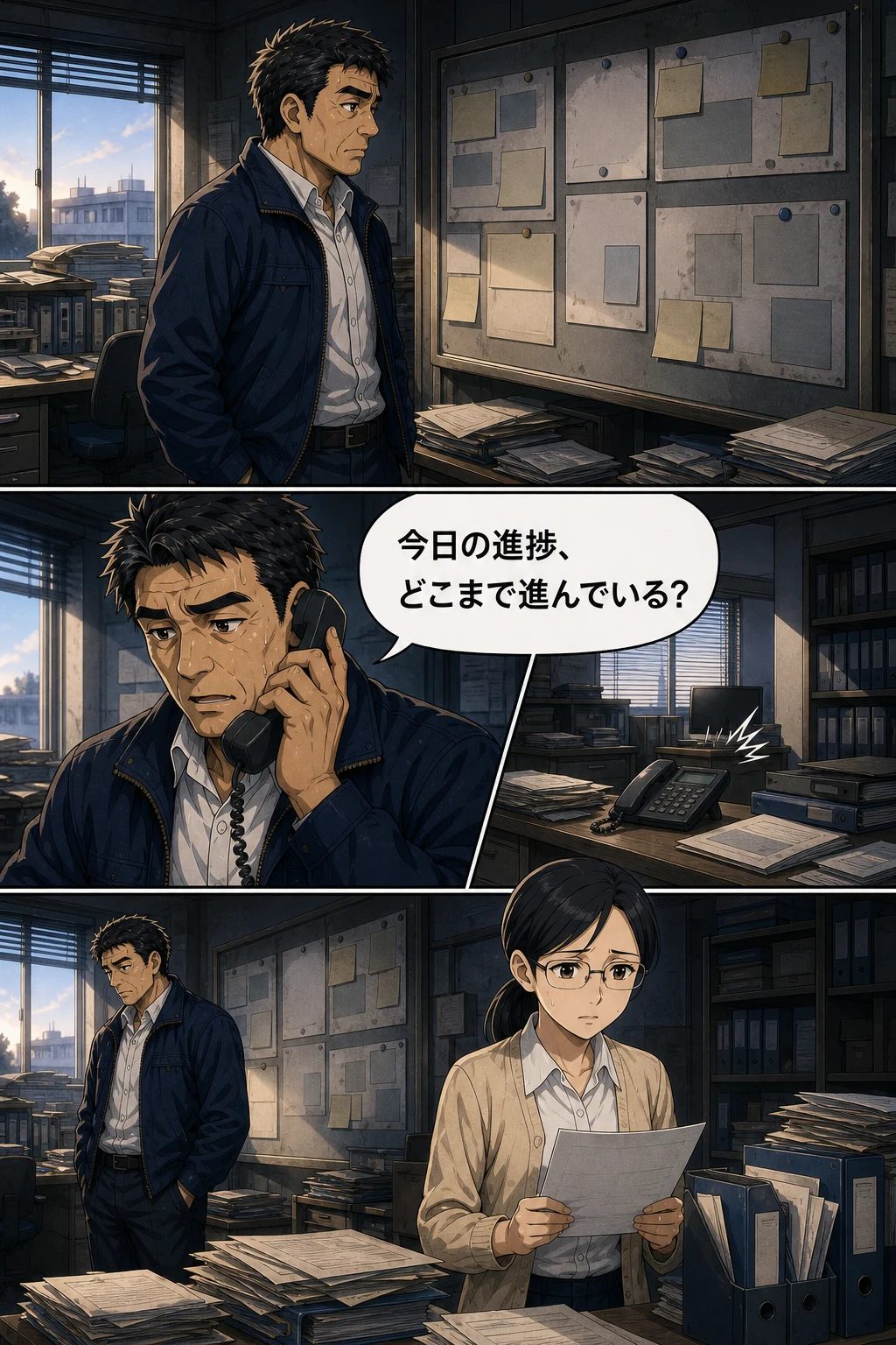 社長が朝から各拠点へ進捗確認の電話をかける場面