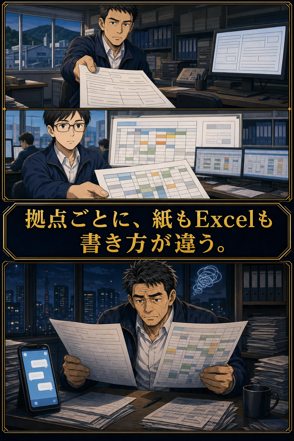 拠点ごとに紙やExcelの書き方が異なる場面