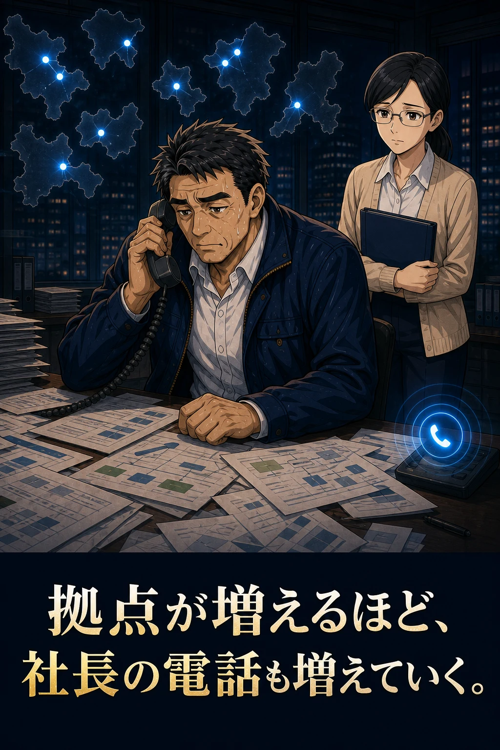 拠点が増えるほど社長の確認電話も増える場面