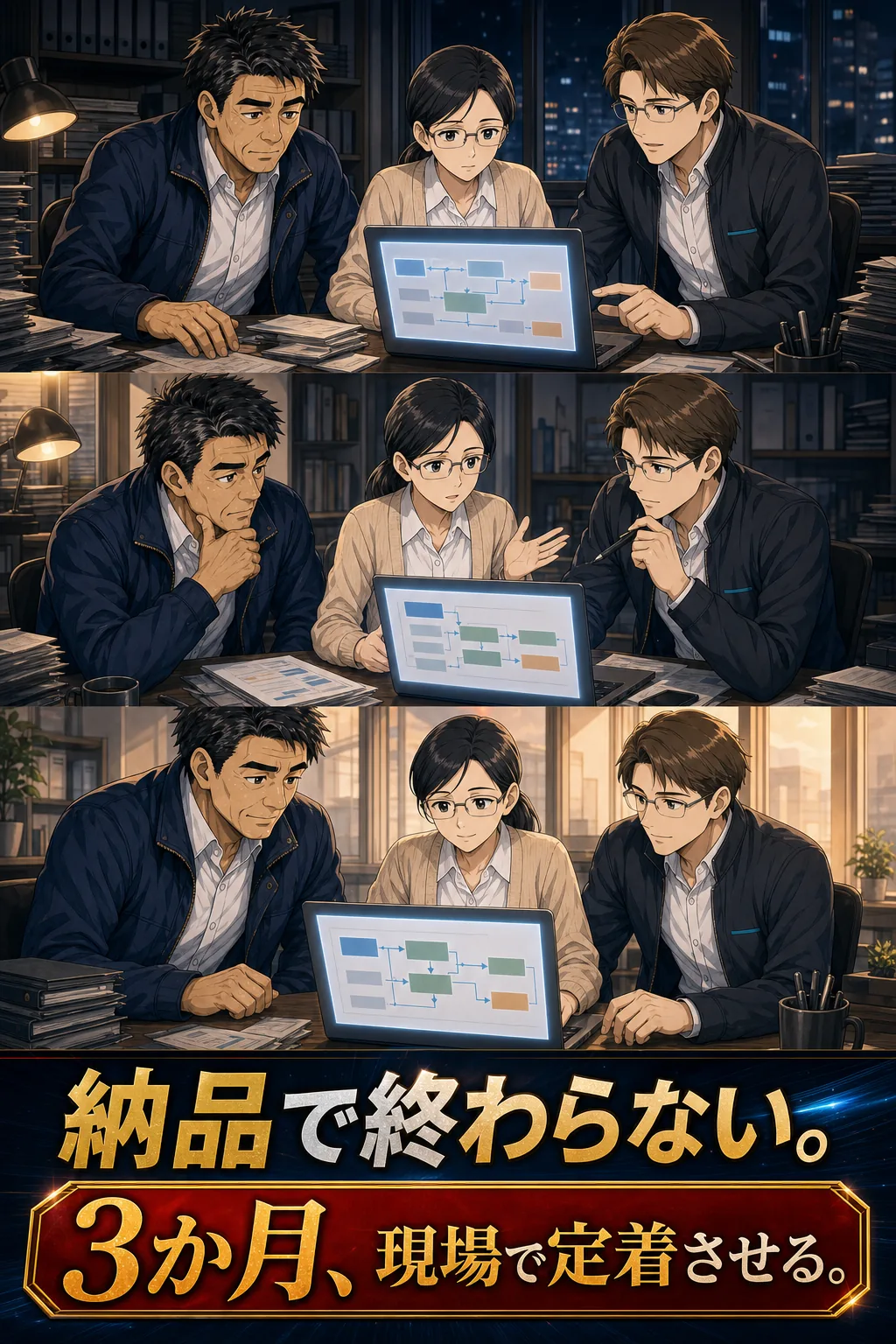 納品後3か月の定着伴走で現場へシステムを根付かせる場面