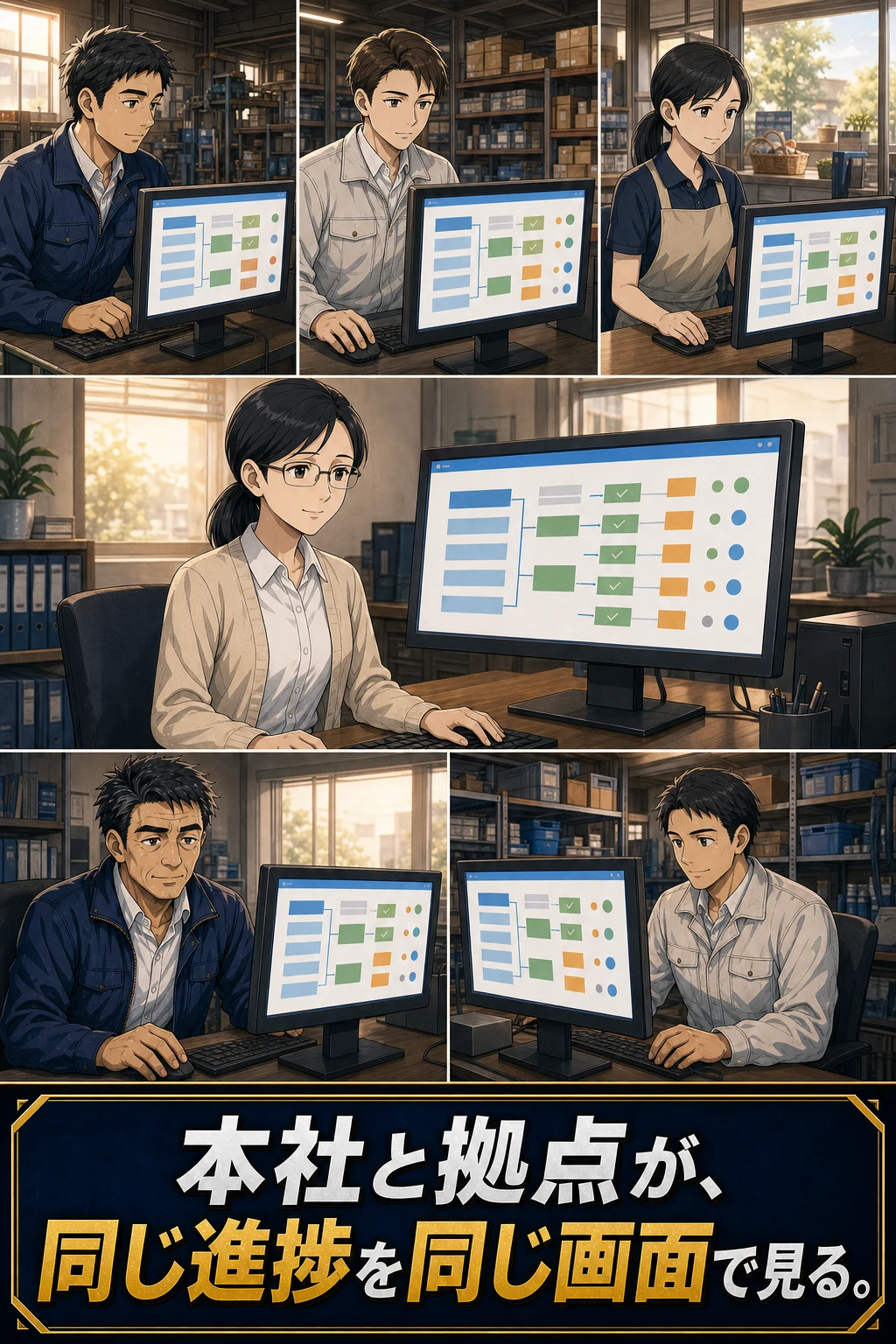 本社と複数拠点が同じ進捗を同じ画面で見る場面