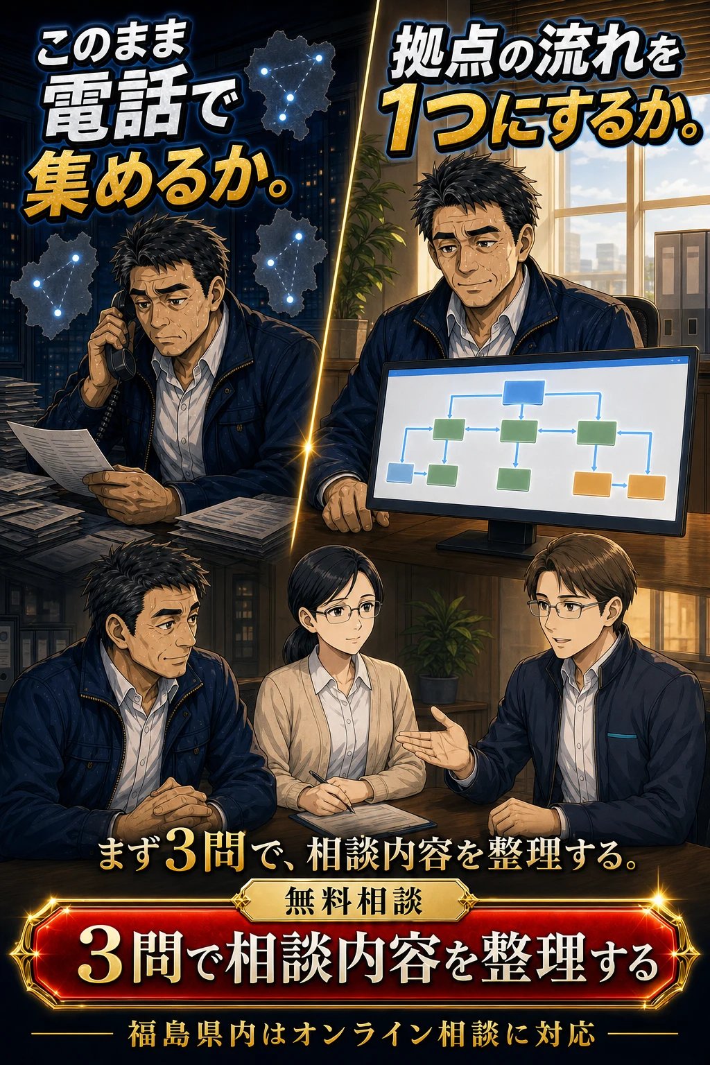 拠点の流れを1つにするため3問で相談内容を整理する福島県内向け無料相談