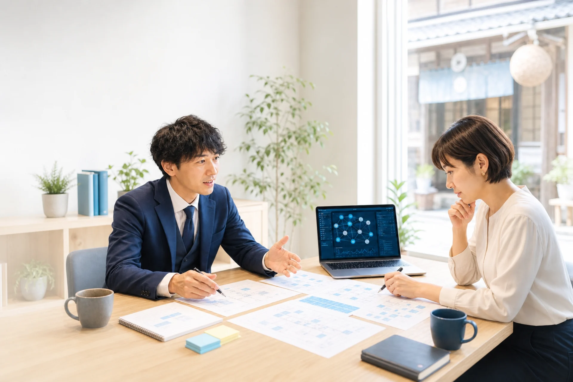 明るいオフィスでシステム開発について相談する経営者と担当者