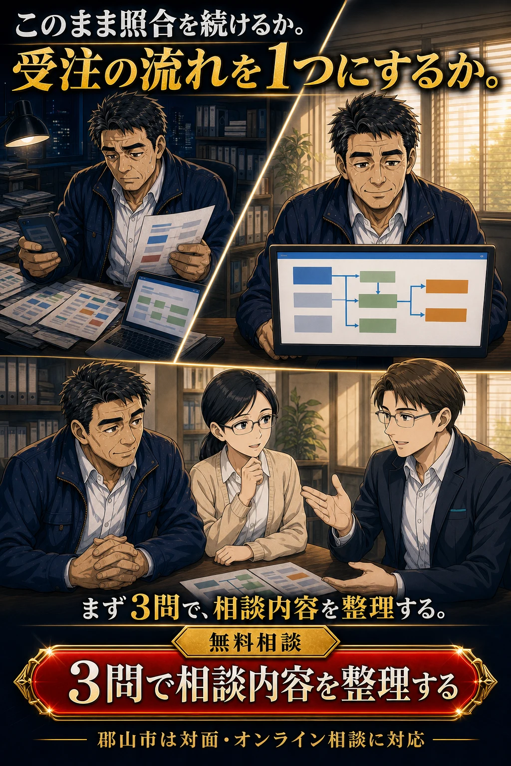 受注の流れを1つにするため3問で相談内容を整理する郡山市向け無料相談