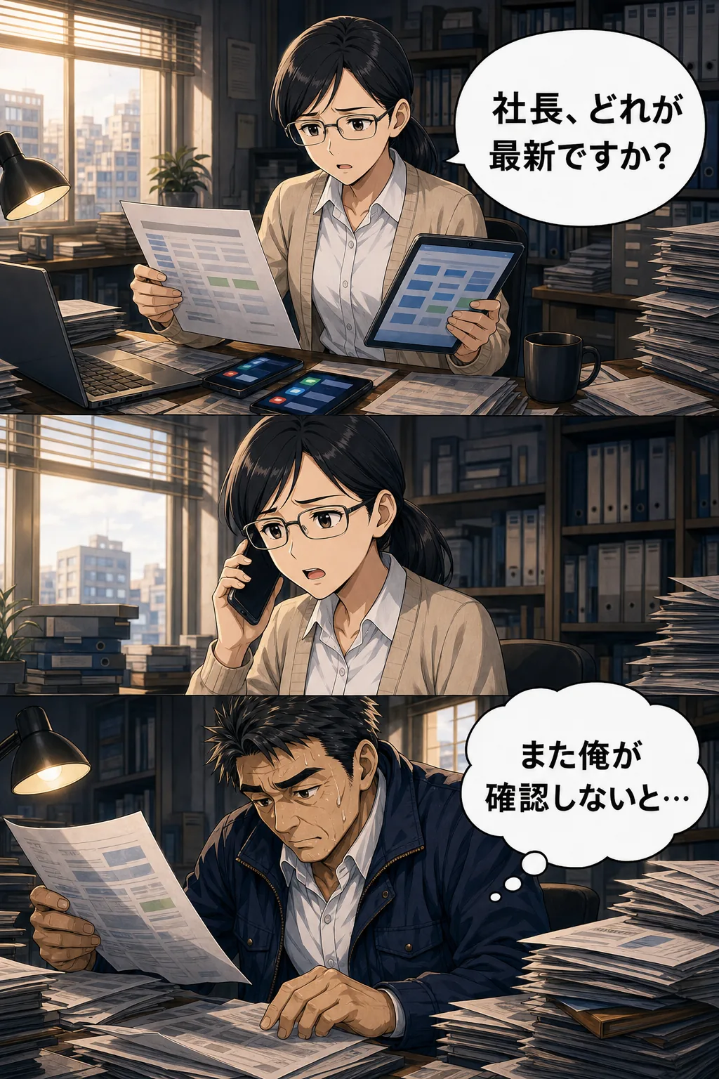 最新情報が分からず事務責任者が社長へ確認する場面