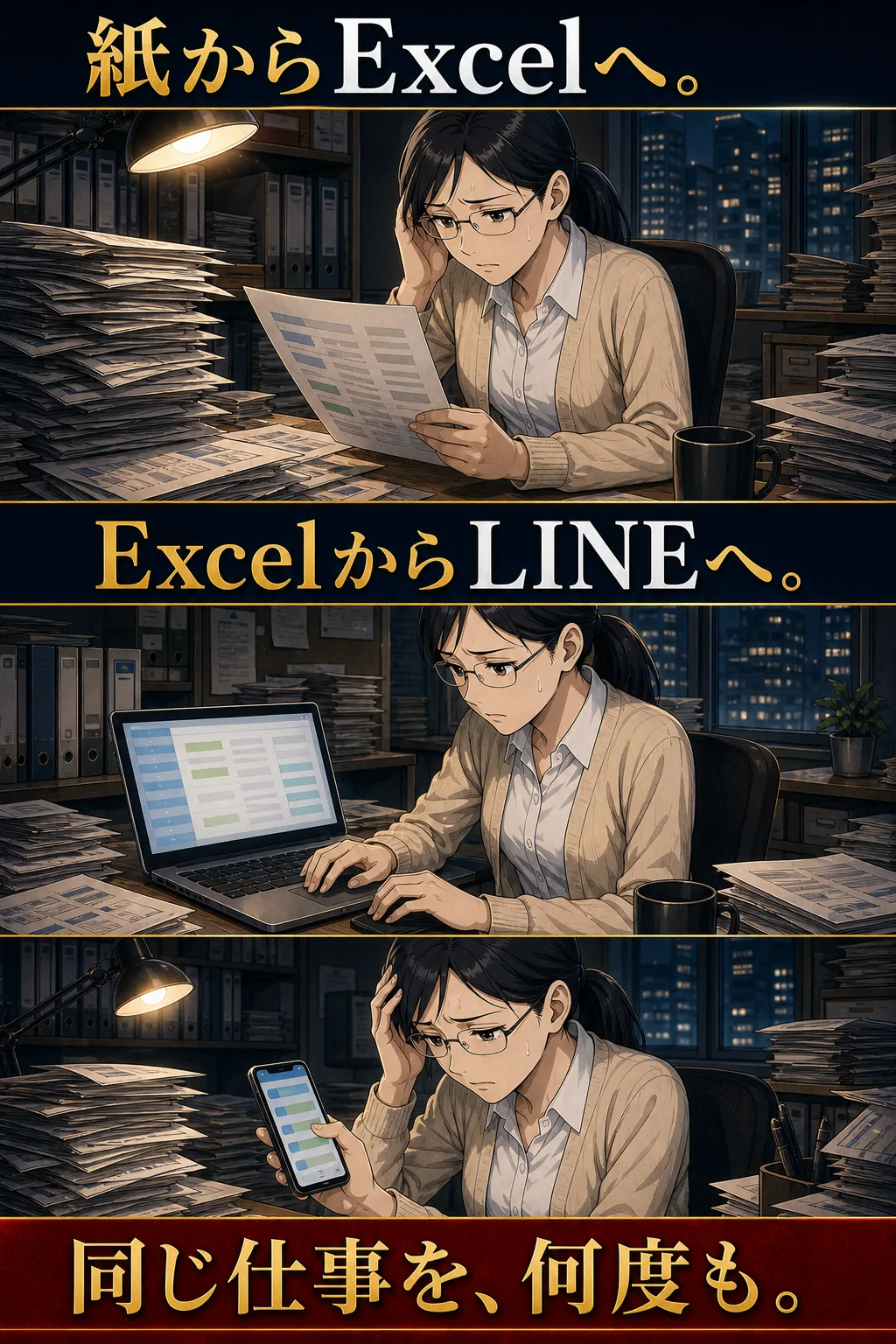 紙からExcelとLINEへ同じ情報を繰り返し転記する場面