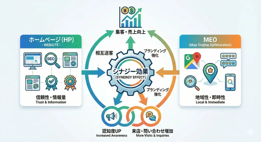 ホームページ制作とMEO対策の相乗効果を示す図解