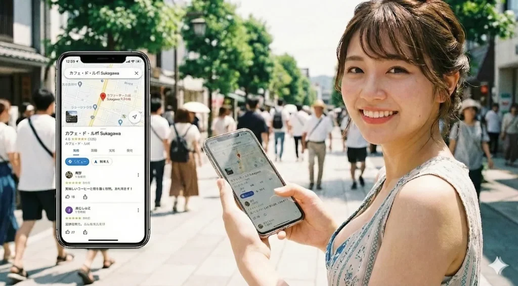 GoogleMapでお店を探す美しい女性