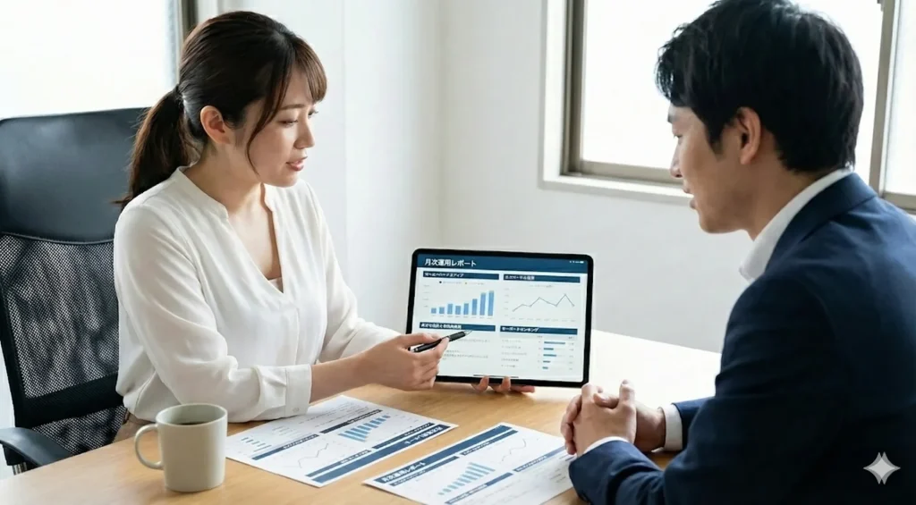 SEO、MEO分析の結果から次のアクションを提案する女性