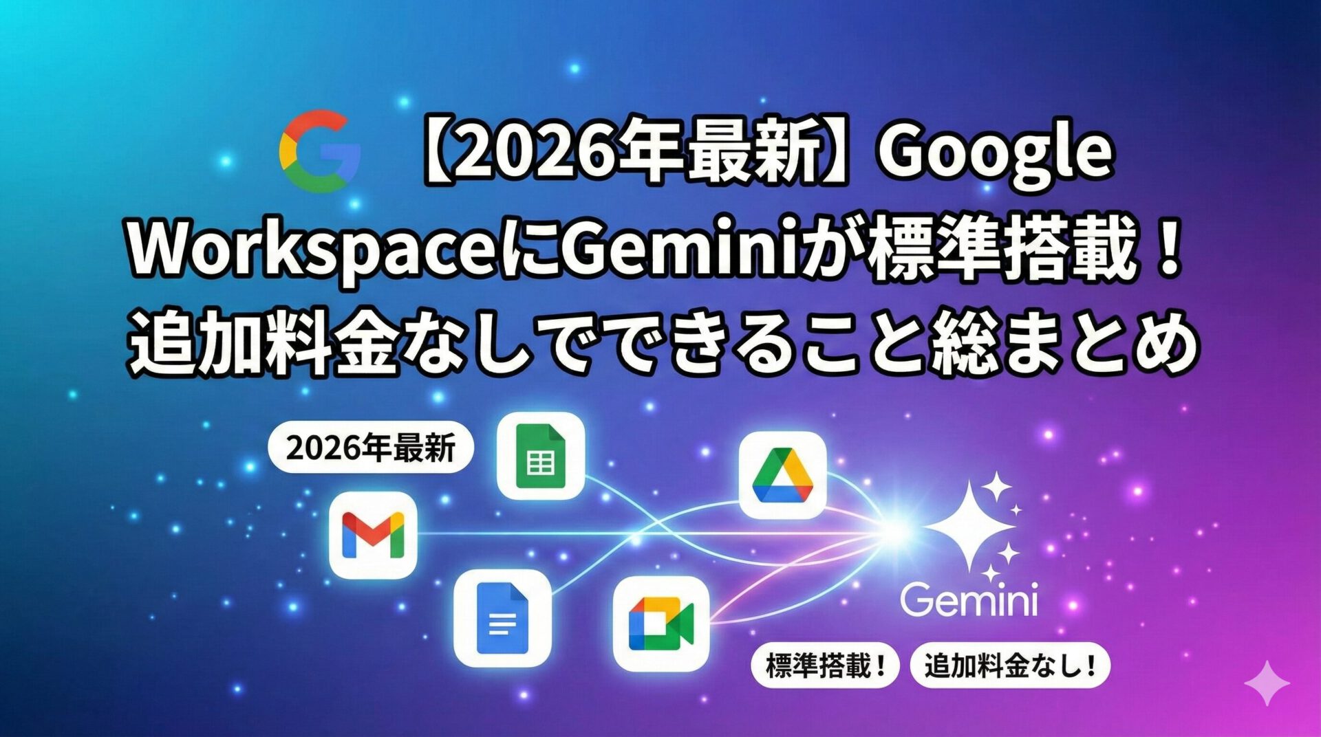 2026年最新、Google WorkspaceにGeminiが標準搭載。追加料金なしで使えるAI機能を徹底解説。Business StarterとStandardの違い、会議の自動議事録機能の有無など、中小企業の担当者が気になるポイントを比較表付きで解説します。