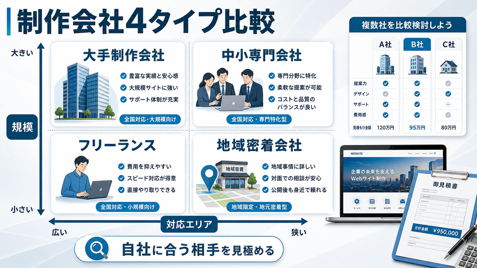 ホームページ制作会社4タイプを規模と対応エリアで分類した比較マトリクス