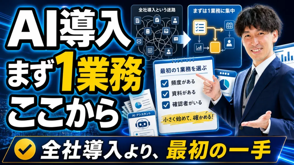 AI導入はまず1業務から始めることを、代表がチェックリストを指して説明する人物入りサムネイル候補