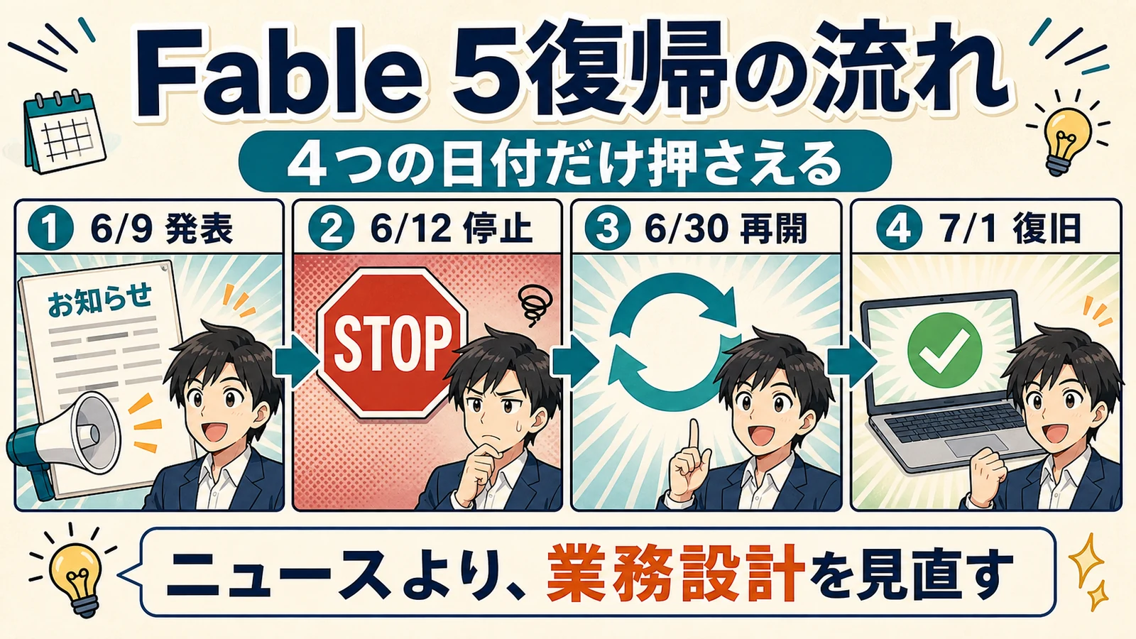 Claude Fable 5の発表から復旧までの流れを漫画風に示す図解