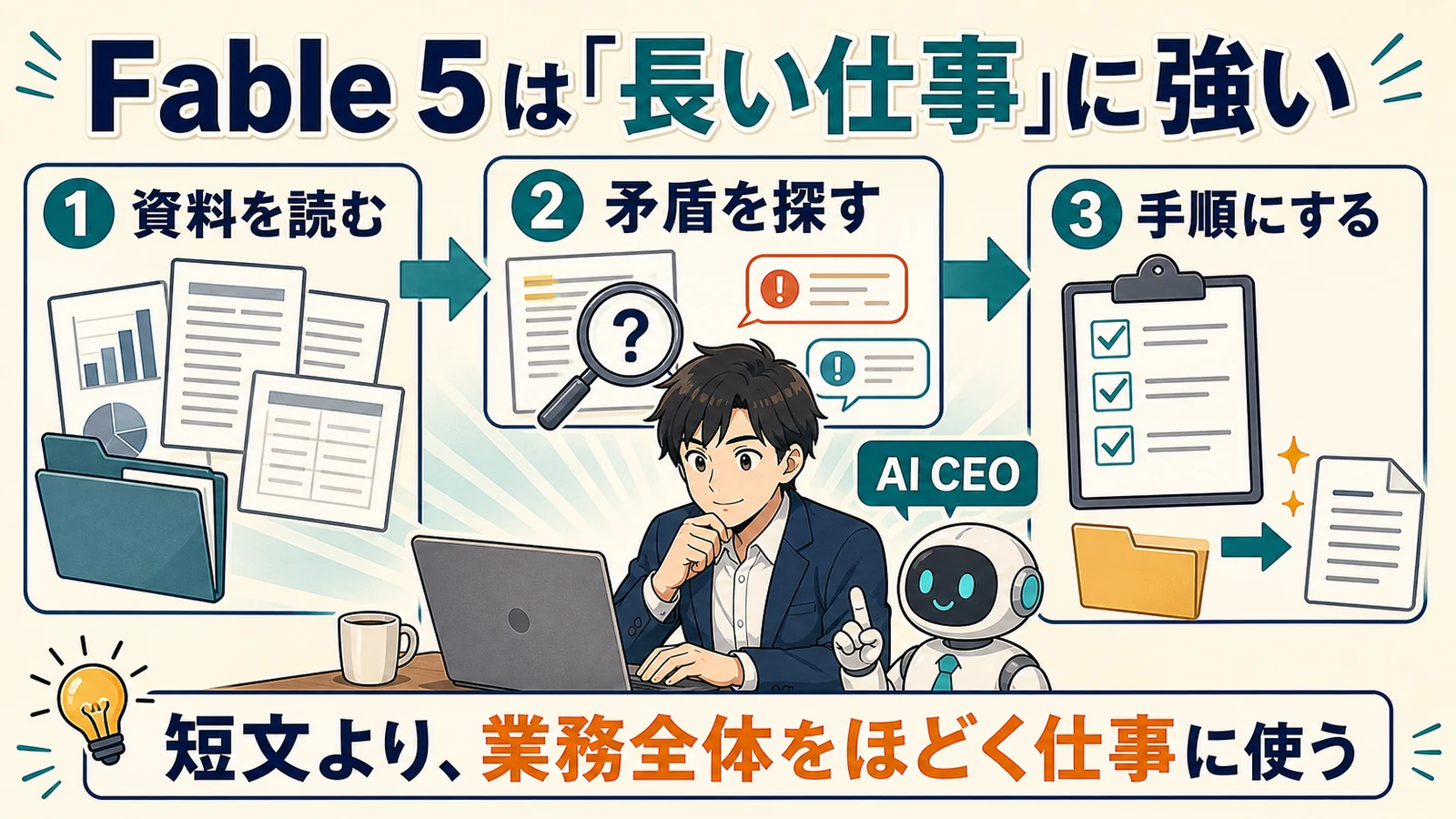 Fable 5が資料を読み矛盾を探し手順化する長い仕事に強いことを示す漫画風図解
