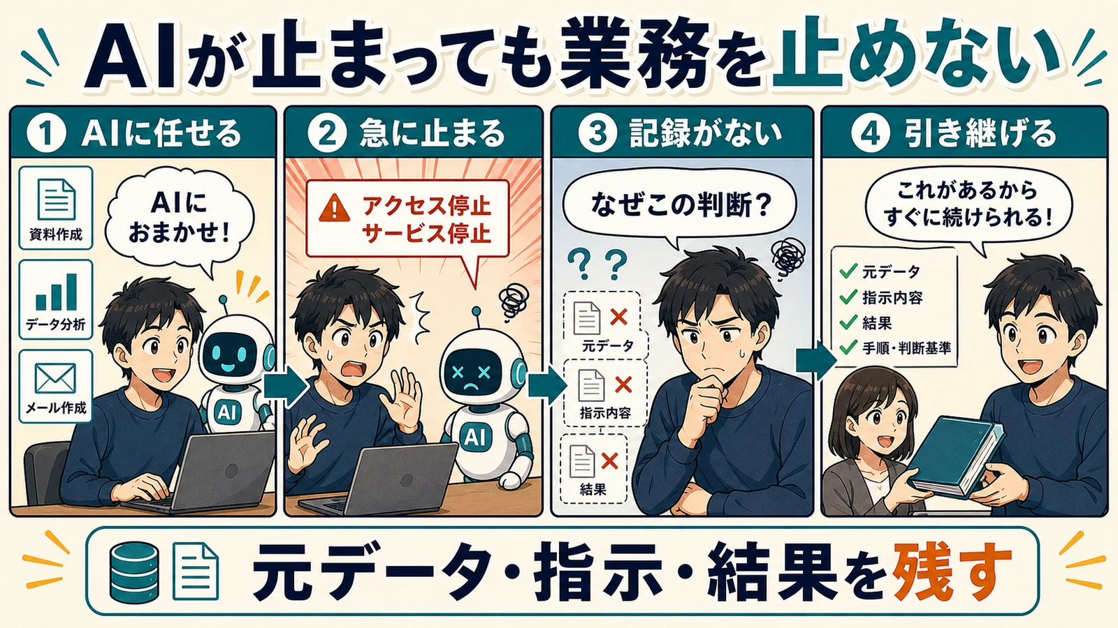 AIが止まっても業務を止めないために元データ・指示・結果を残すことを示す漫画風図解