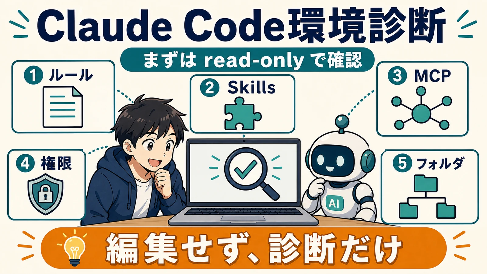 Claude Code環境をread-onlyで診断する対象を示す漫画風図解
