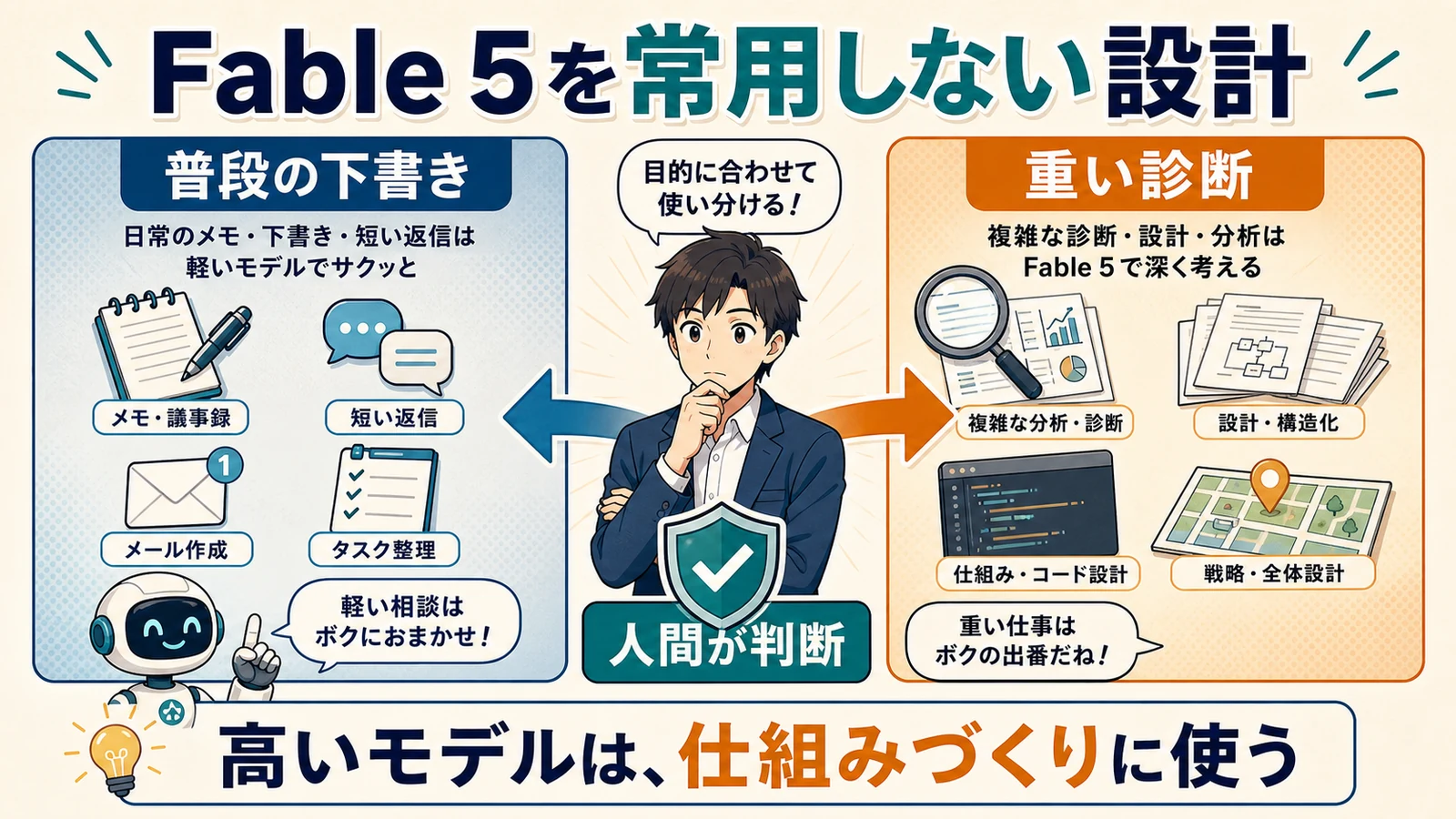 通常モデルとFable 5の使い分けを示す漫画風比較図