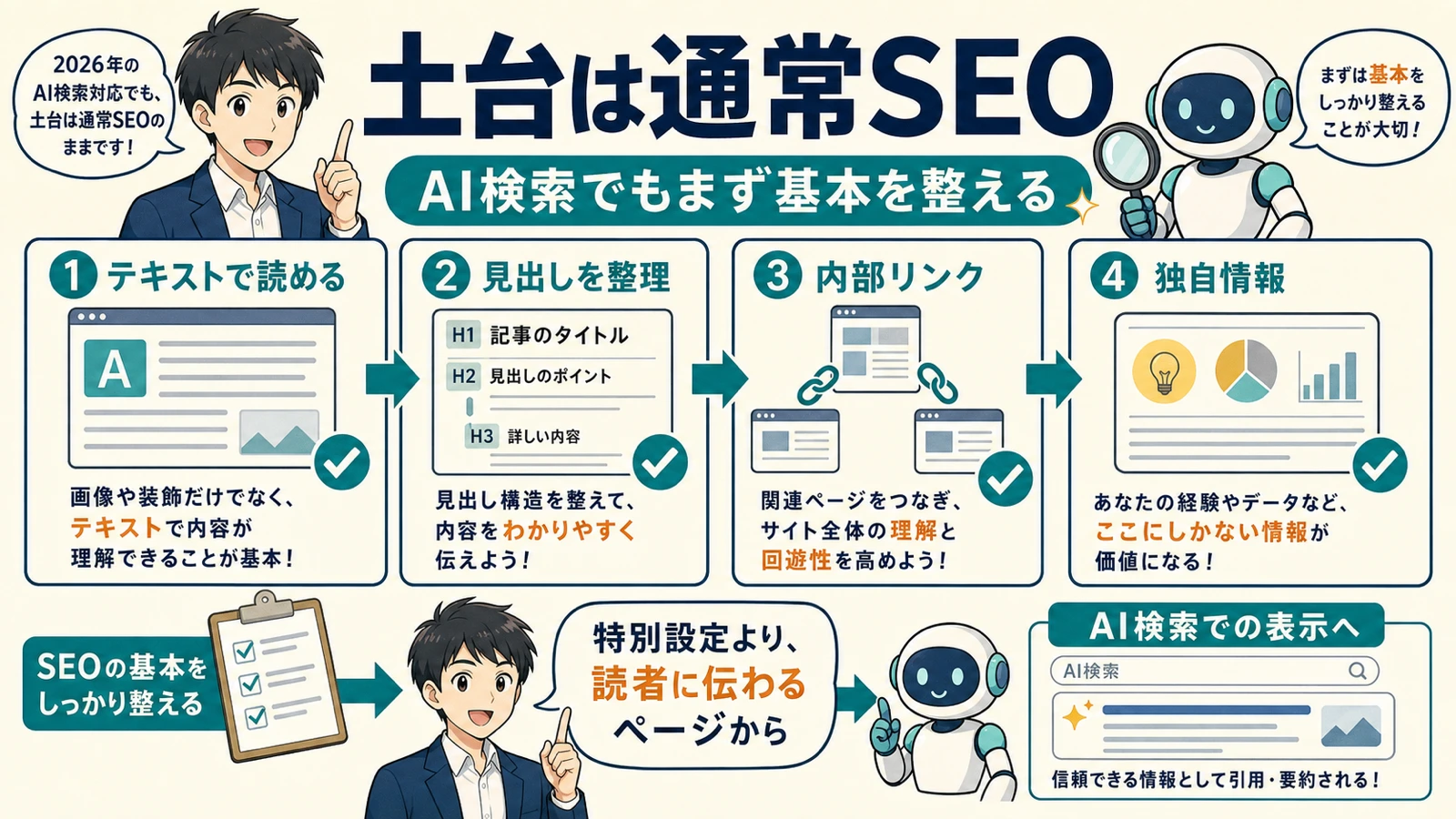 通常SEO、独自性、画像や動画、内部リンクが生成AI検索の土台になることを示す整理図