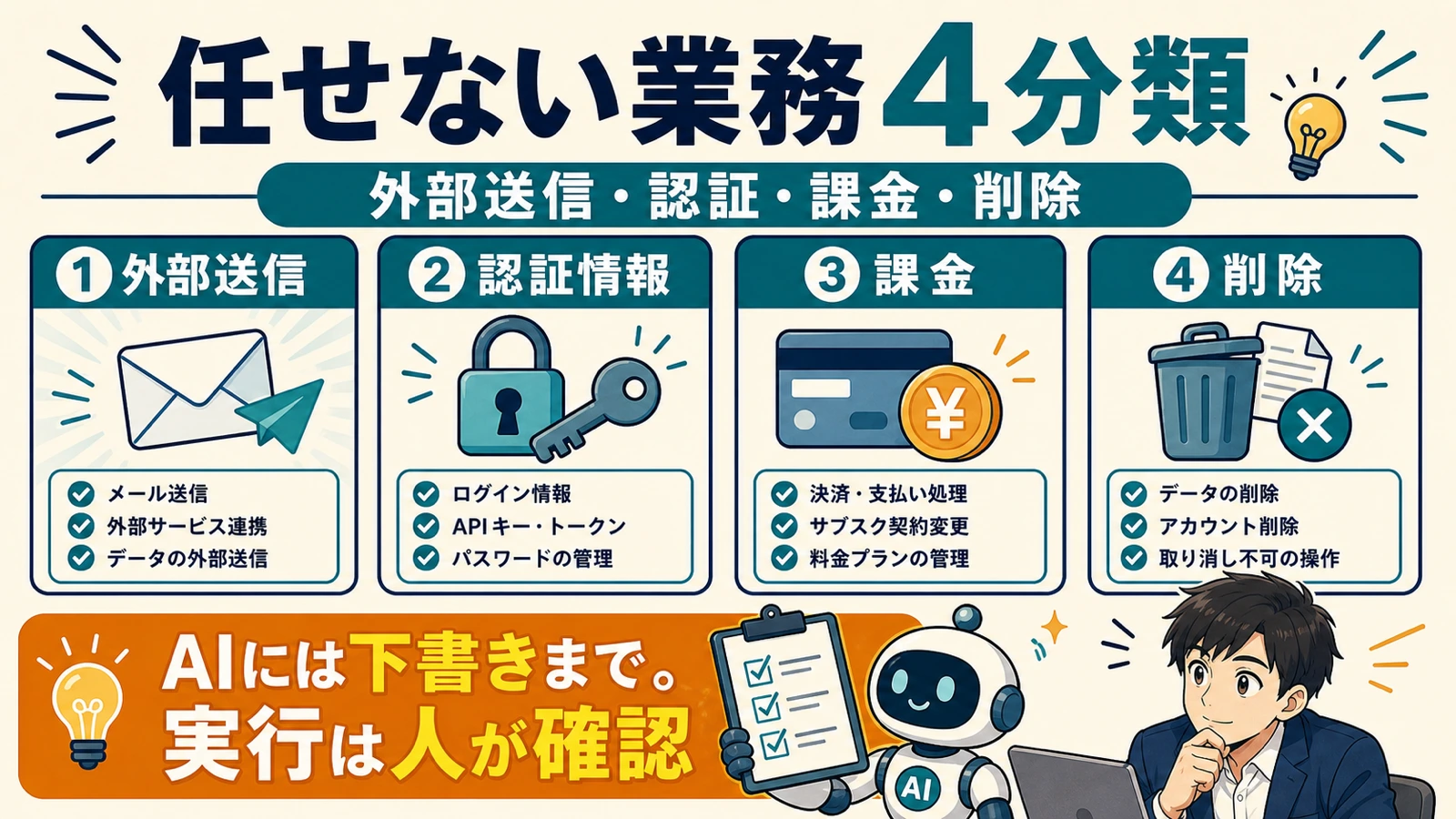 外部送信、認証情報、課金、削除の4分類をAIに任せない業務として整理したチェックリスト図