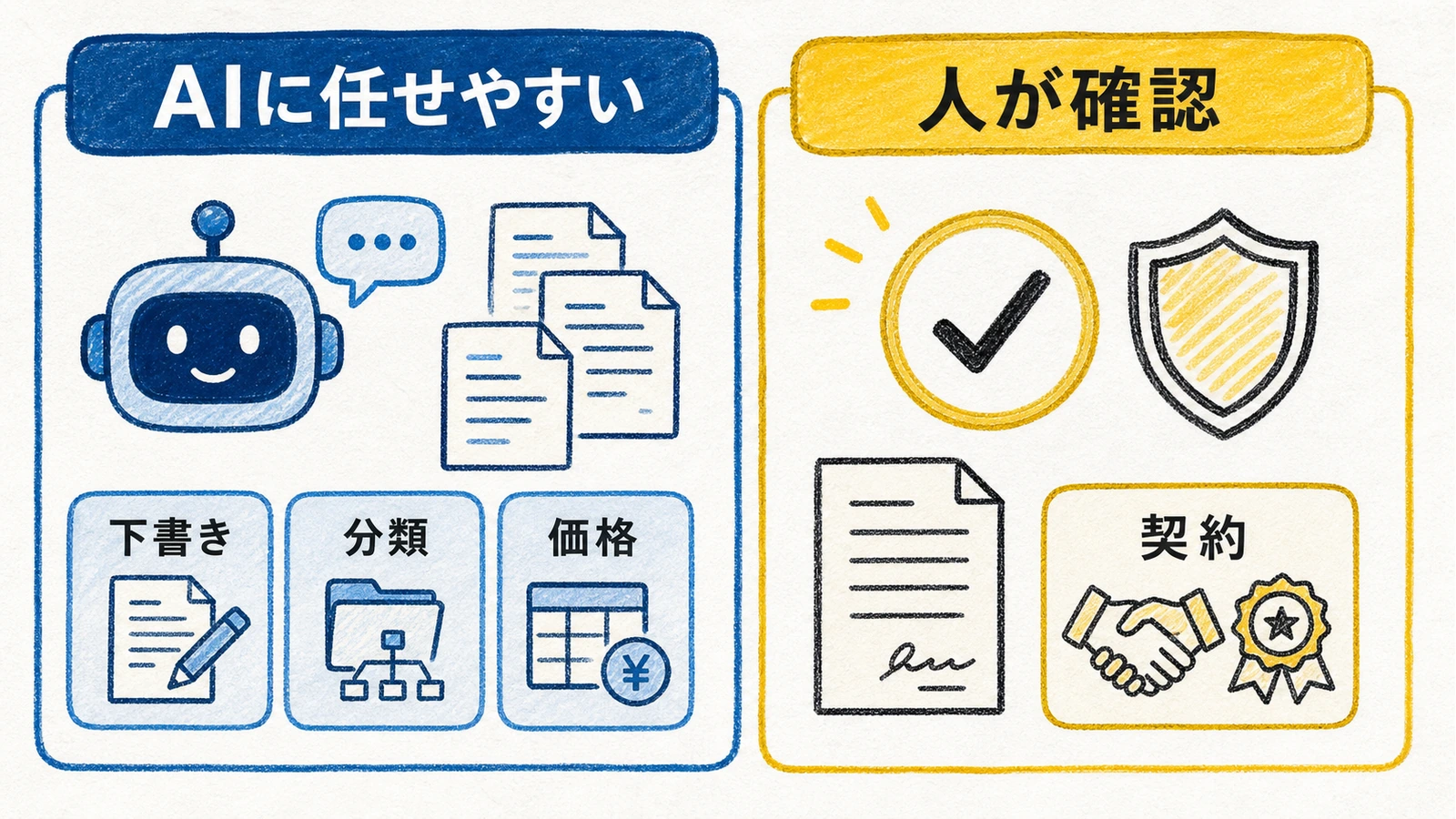 AIに任せやすい業務と、人が確認すべき業務を左右2カラムで比較した手書き風図解