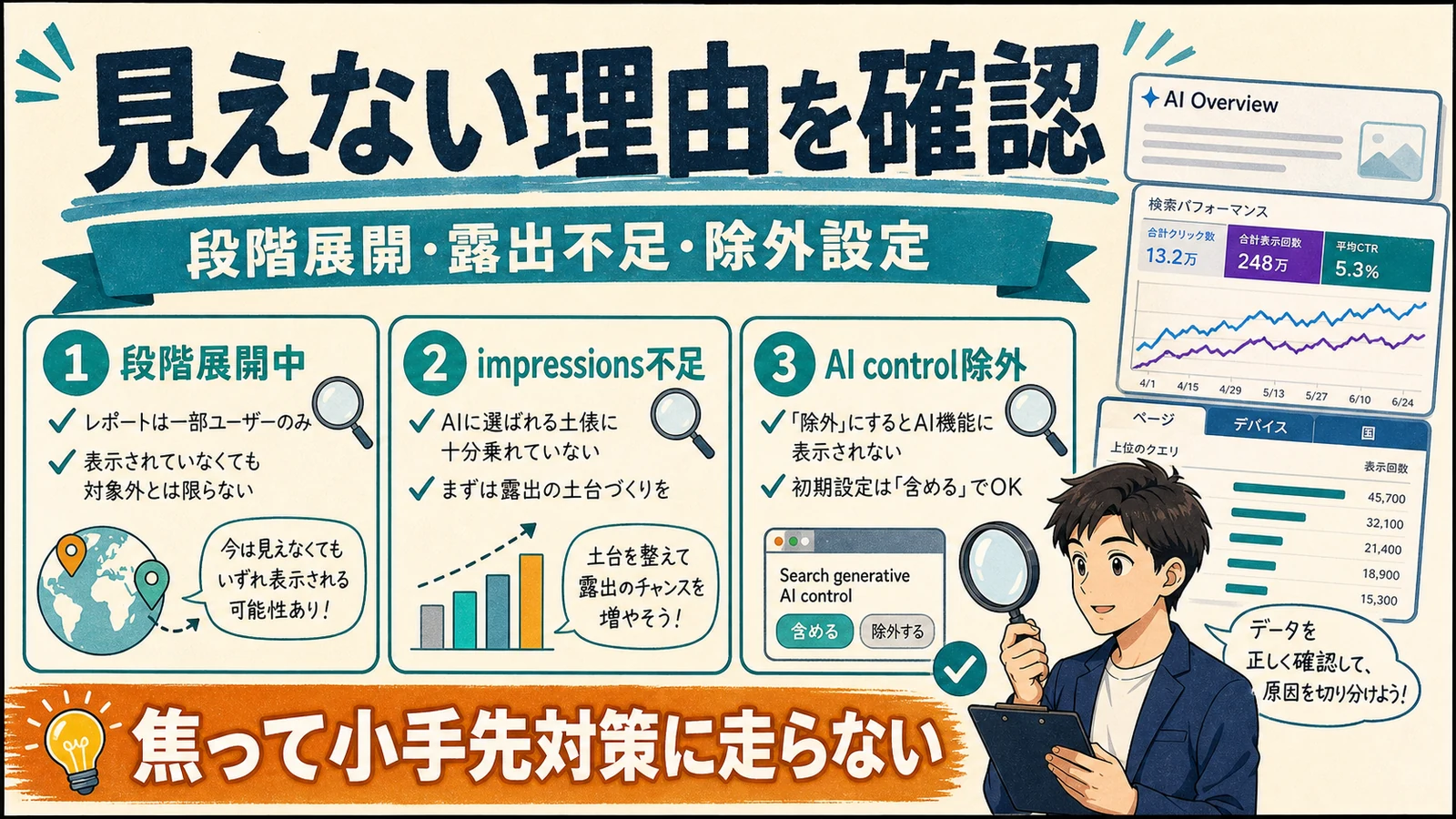 Search Consoleの生成AIレポートが見えない理由をまとめたチェック図
