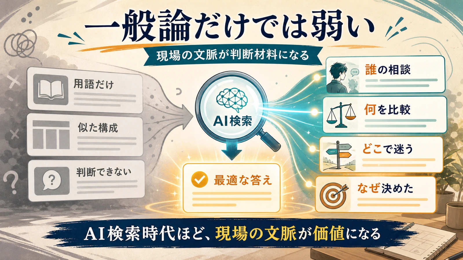 一般論だけの記事より、誰の相談、何を比較、どこで迷う、なぜ決めたかという現場文脈が判断材料になることを示す図解