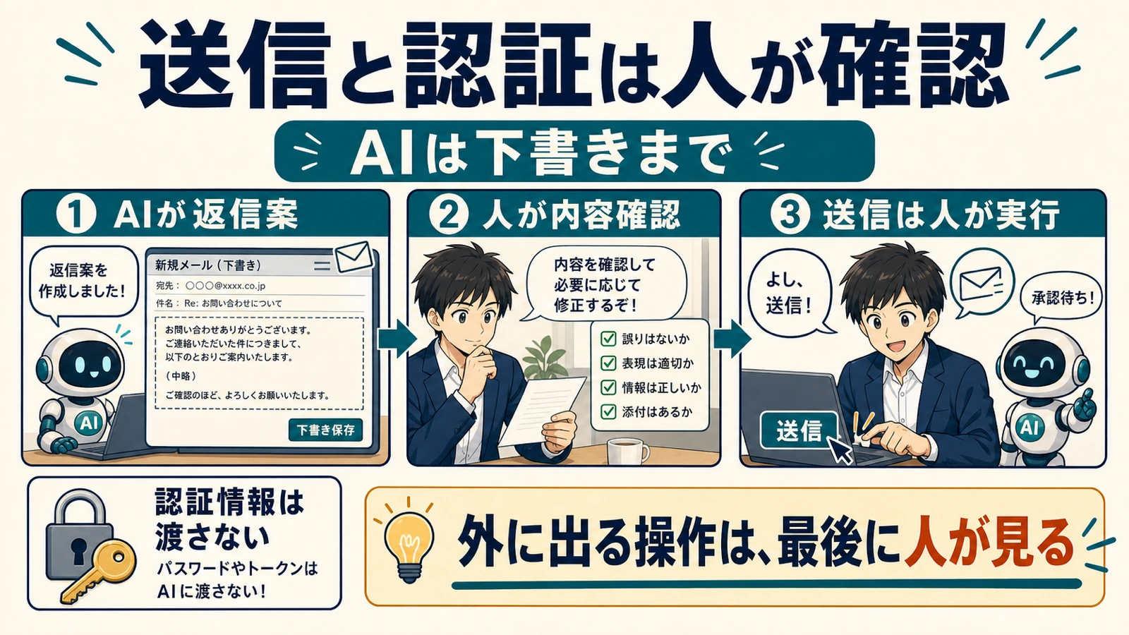 AIが下書きを作り、人が外部送信と認証情報を確認する安全な分担フロー