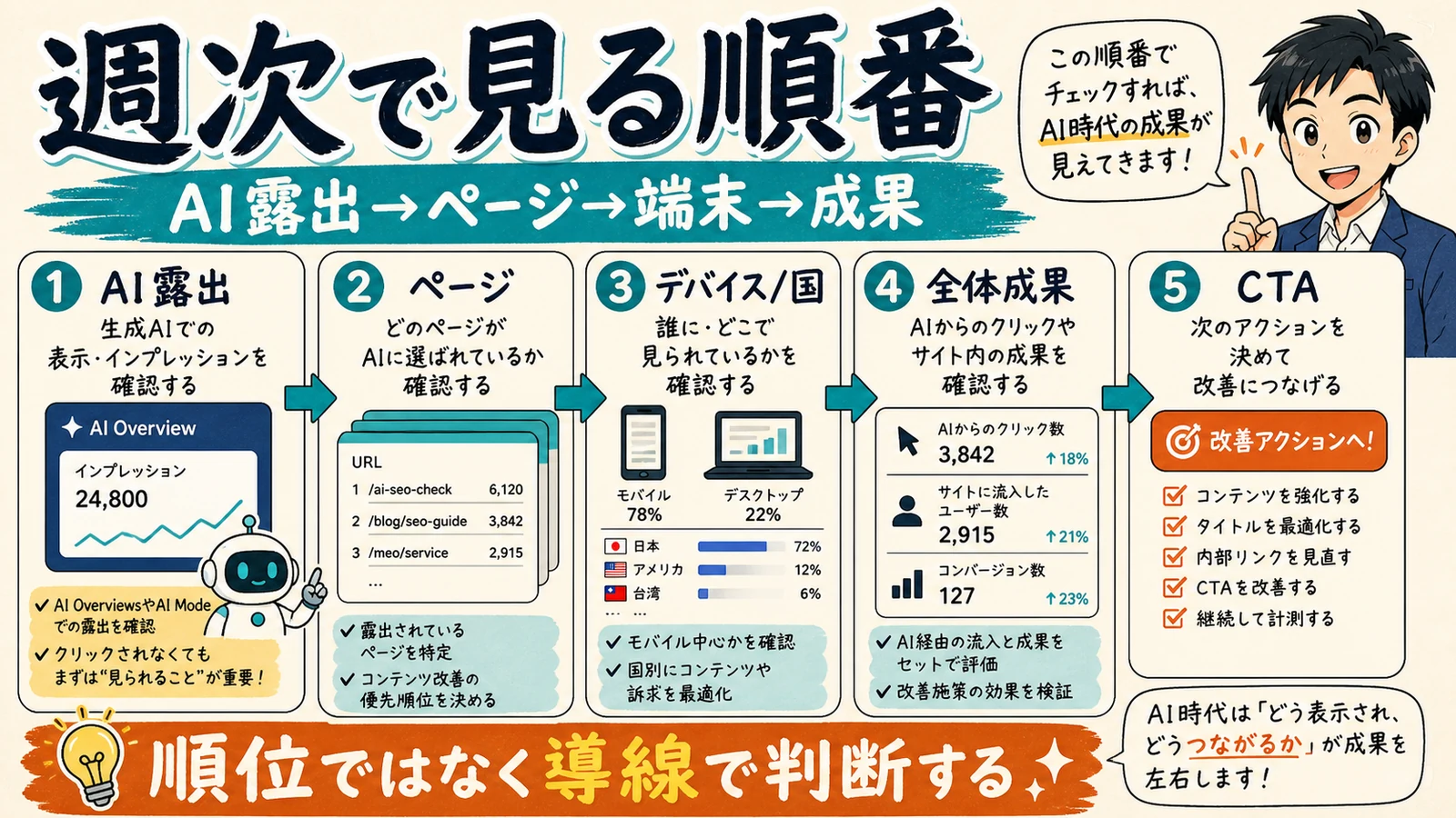 AI露出からCTAまで週次で見る順番を示したフロー図