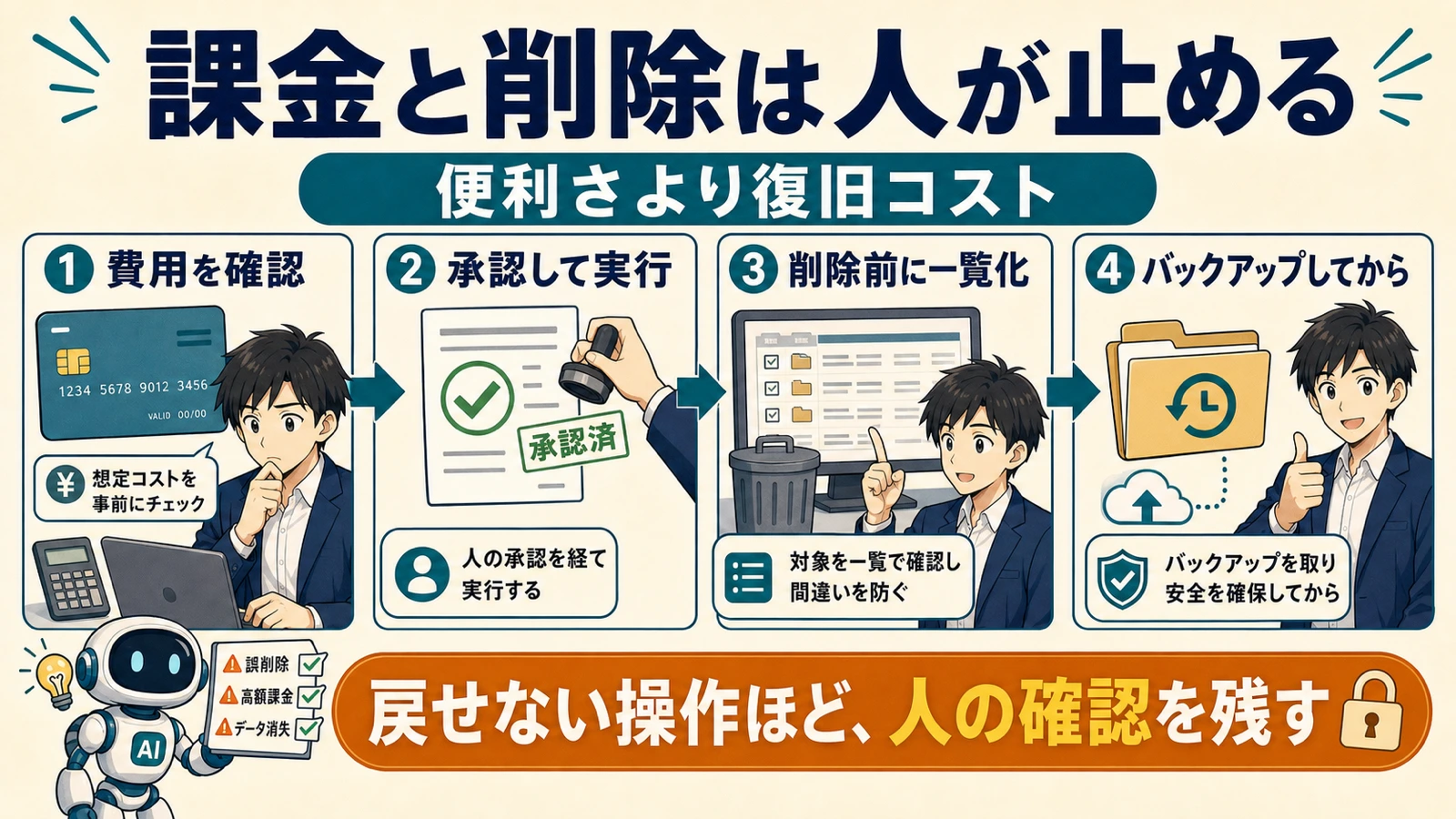 課金と削除をAIに直接任せず、承認とバックアップを挟む判断フロー