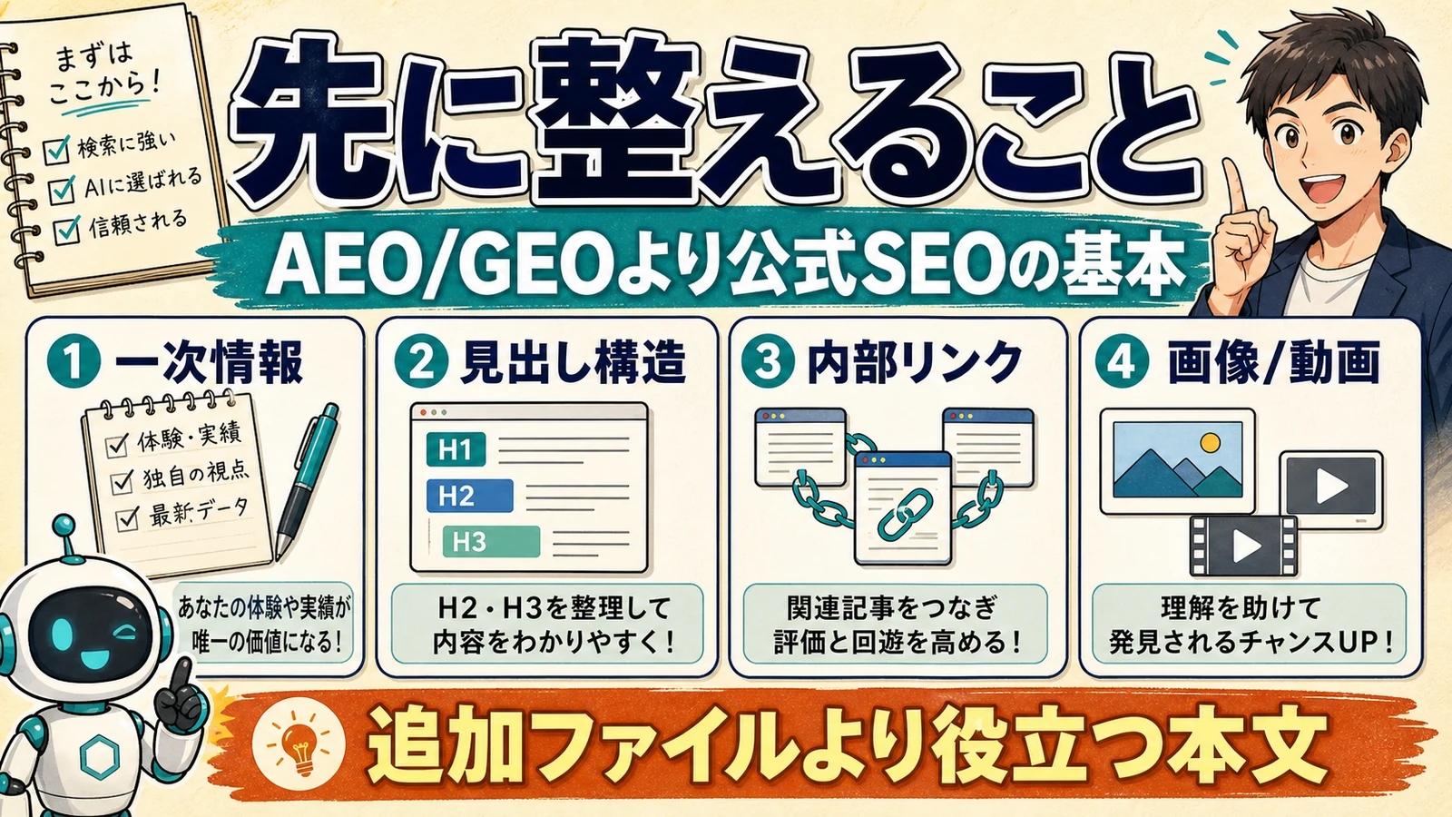 AI露出のために先に整えるSEO基本を示した図解