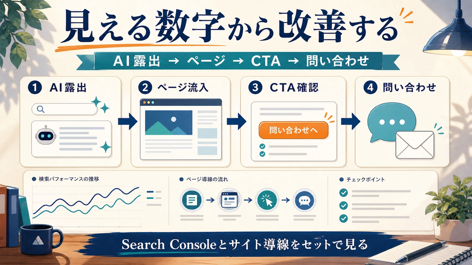 AI露出、ページ流入、CTA確認、問い合わせまでをSearch Consoleとサイト導線で確認する改善フロー図