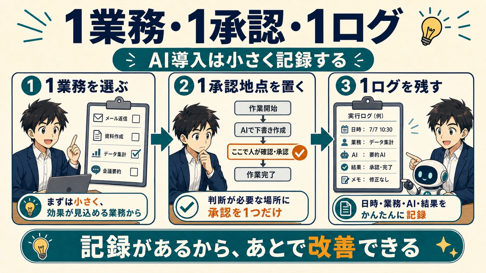 1業務、1承認地点、1ログからAI導入を始める運用設計の図解