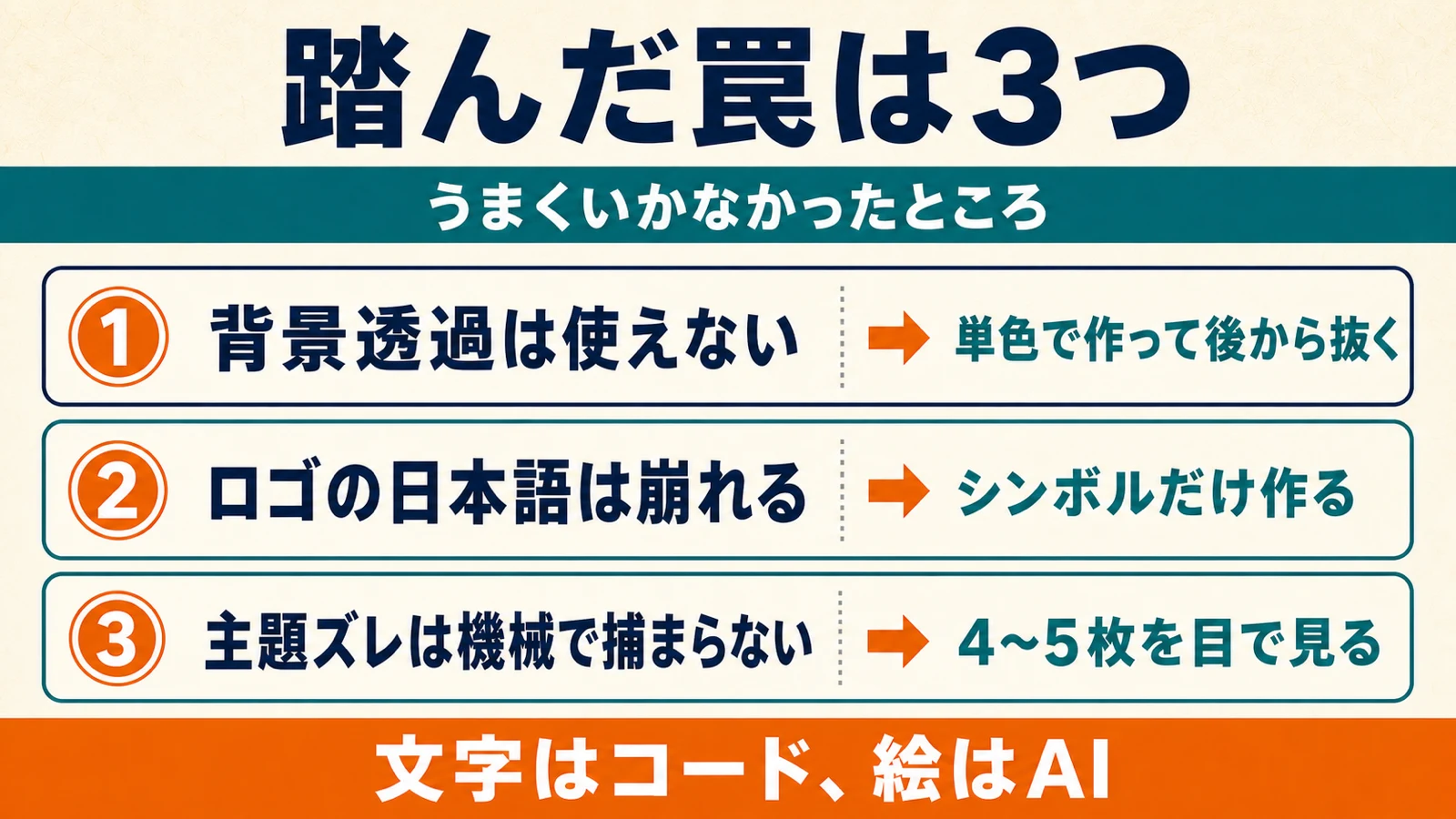 背景透過・ロゴの日本語崩れ・主題ズレという3つの失敗パターンの図解