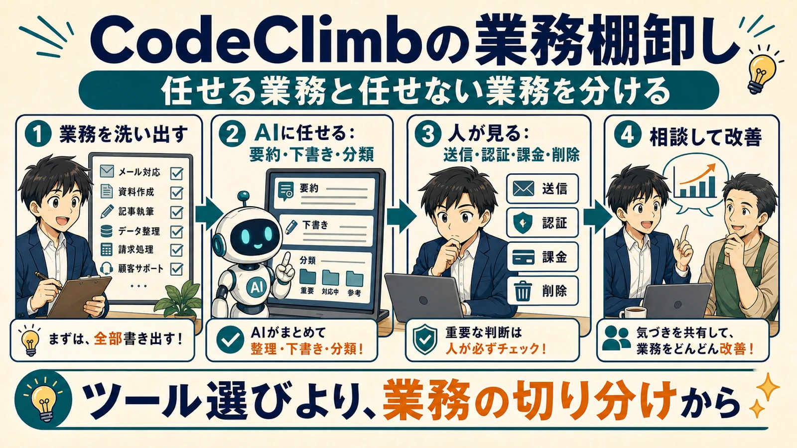 CodeClimbが業務棚卸しから任せる業務、任せない業務、承認地点、ログへ整理する支援フロー