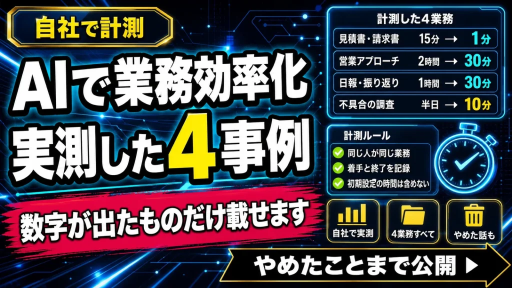 自社の4業務で計測したAI業務効率化のビフォーアフターを示したサムネイル