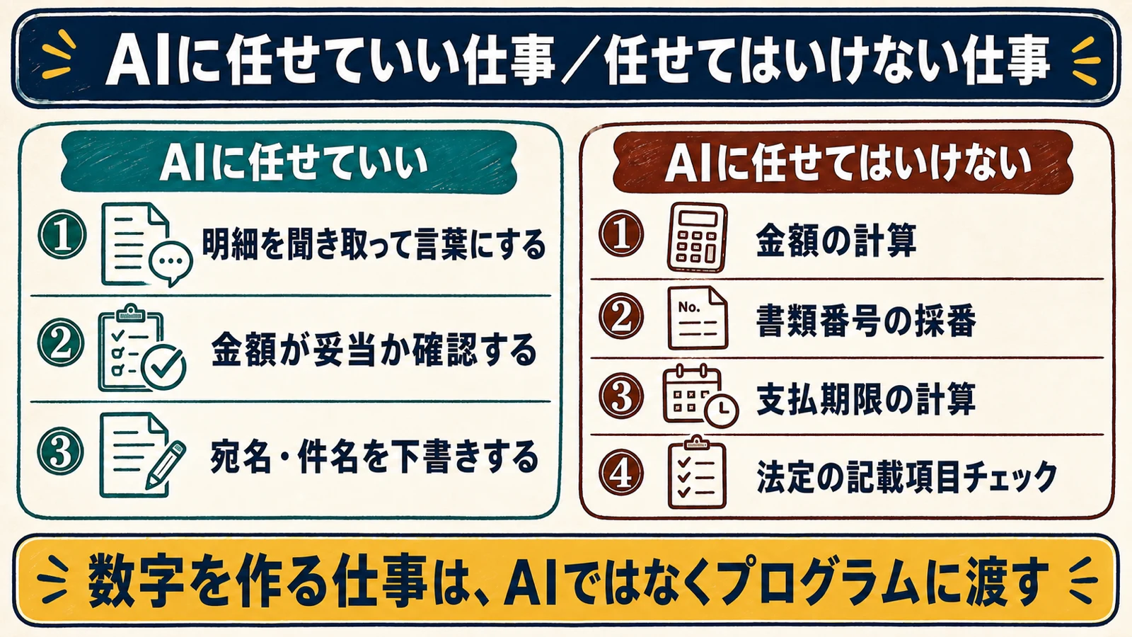 見積書・請求書づくりでAIに任せていい仕事（明細の聞き取り、金額の妥当性確認、宛名・件名の下書き）と、任せてはいけない仕事（金額の計算、書類番号の採番、支払期限の計算、法定記載項目のチェック）を左右に並べた図解