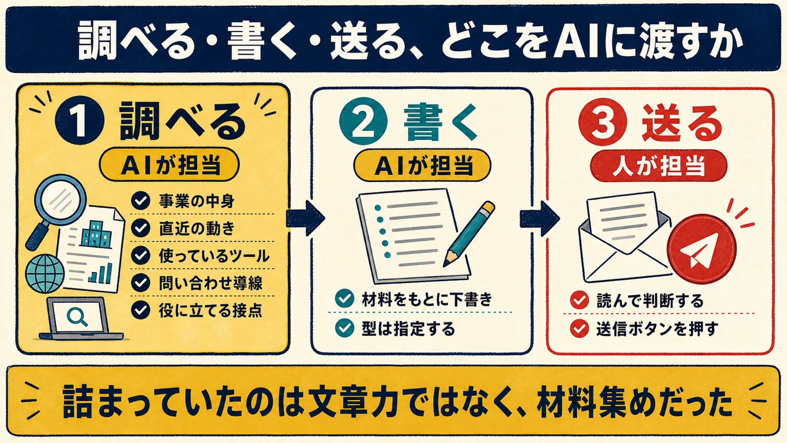 営業アプローチをAI化するときに「調べる・書く・送る」の各工程で人とAIがそれぞれ担当する範囲と、判断が必要なチェックポイントを示した図解