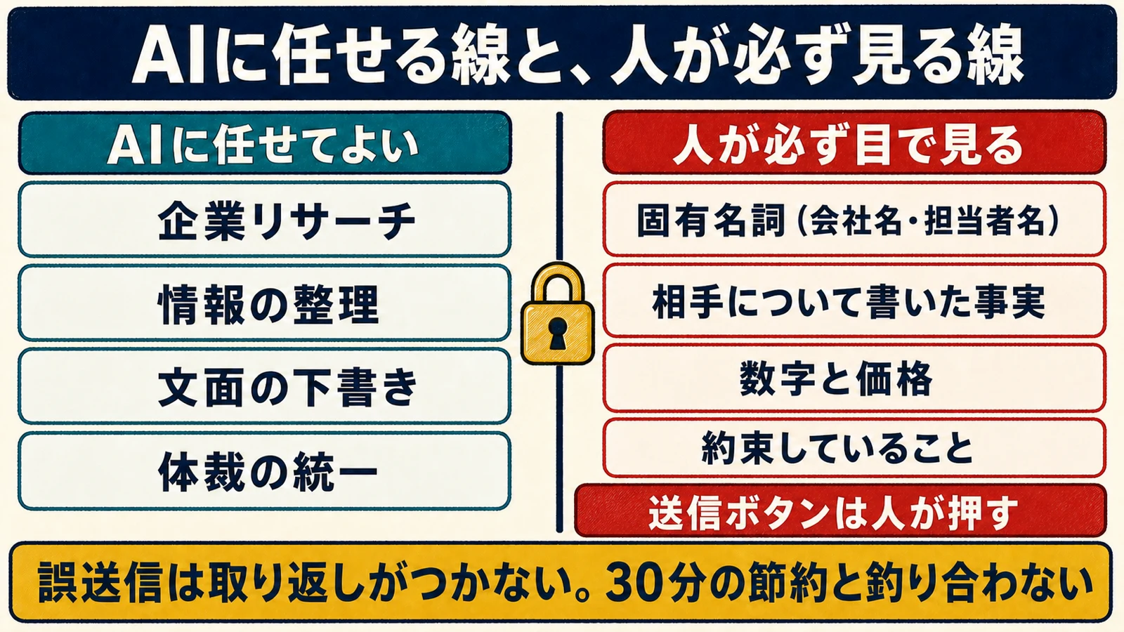 営業アプローチのAI化で自動化してよい工程と、人が必ず確認すべき項目（送信ボタン・数字・固有名詞・価格・約束）を線引きして示した図解